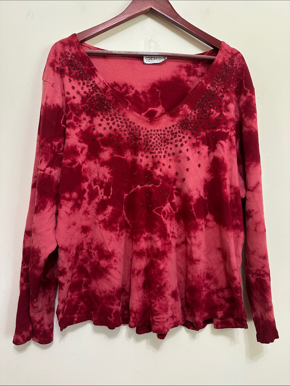 CDC Red Tie-Dye V-Neck Long Sleeve Top with Studs